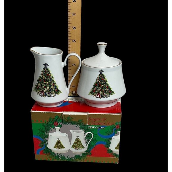 Vintage Set of 2 Fine China Creamer and Sugar Bowl Christmas Tree Design in Box - Picture 5 of 5